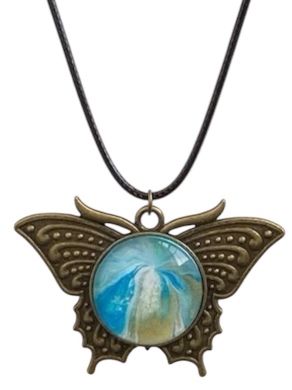 Hand Crafted Necklace Blue Gold Butterfly Fluid Art Pendant by Svetlana Yeung
